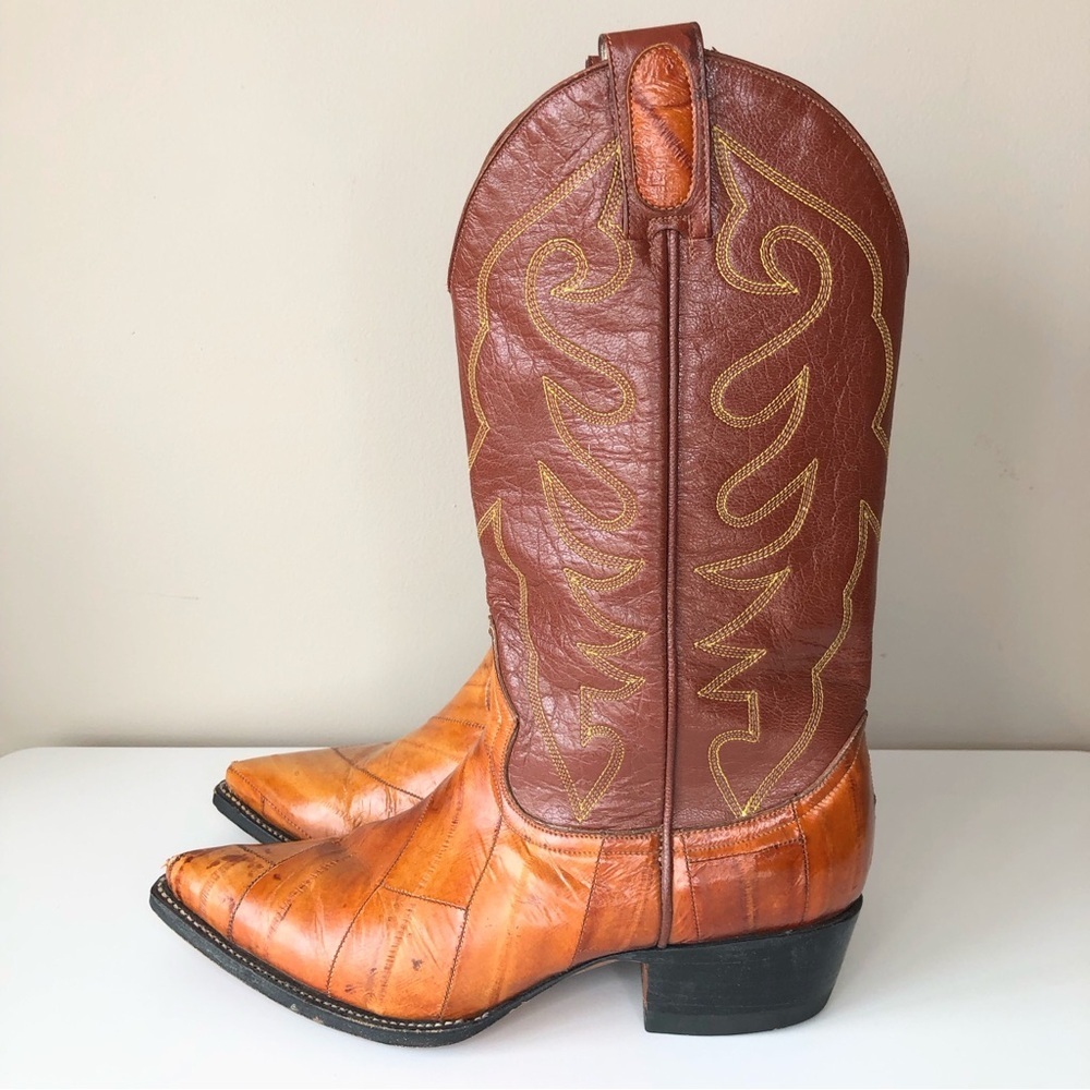 Vintage Sergey Cabrini Exotic Eel Cognac Brown Leather Western Cowboy Boots